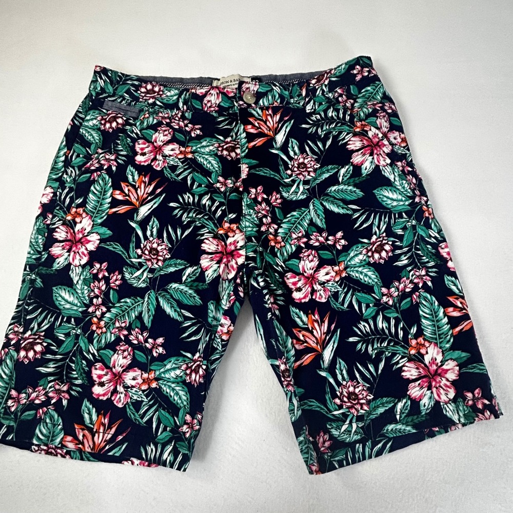 Hudson & Barrow Men's Navy Floral Print Shorts Size 32 Cotton Spandex Casual‎